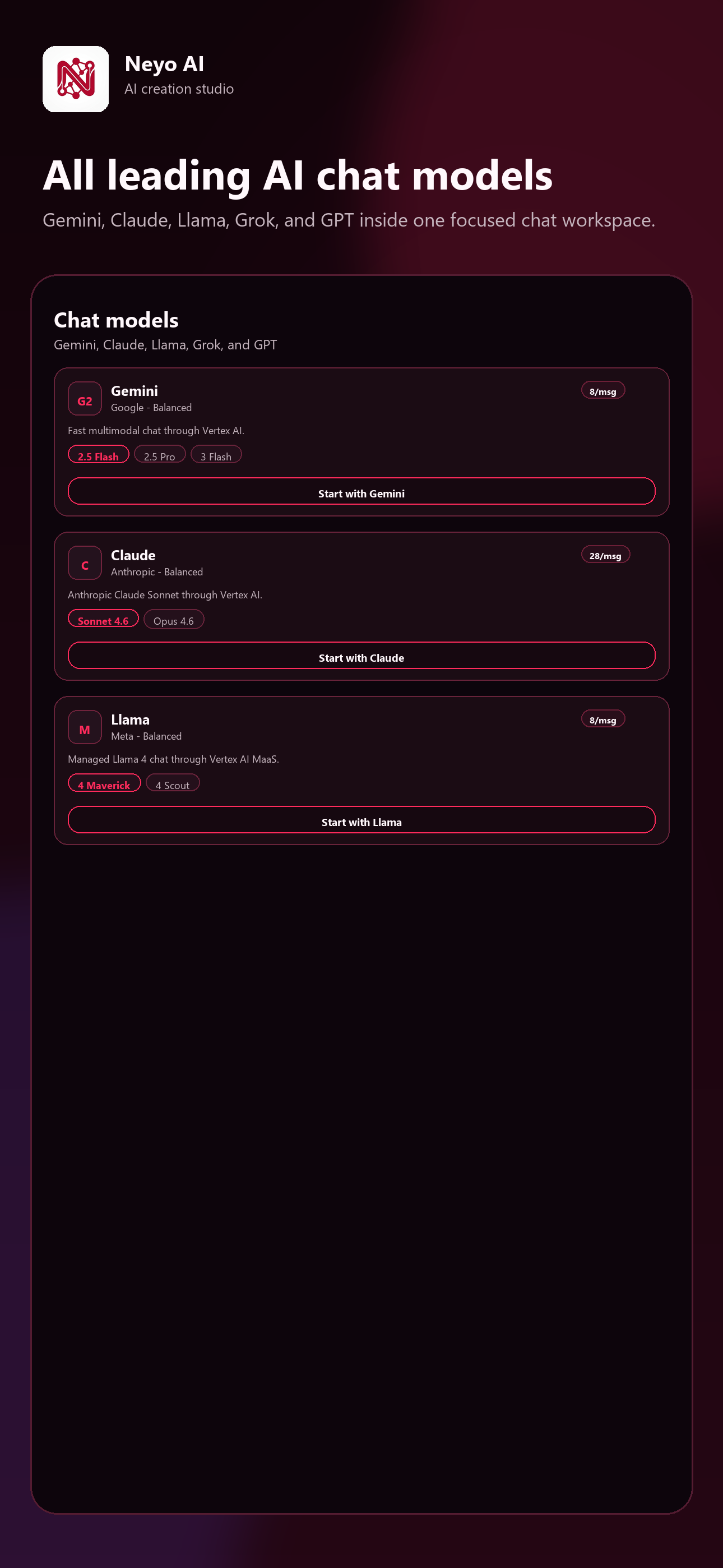 Neyo AI chat model selection screen showing Gemini, Claude, and Llama cards