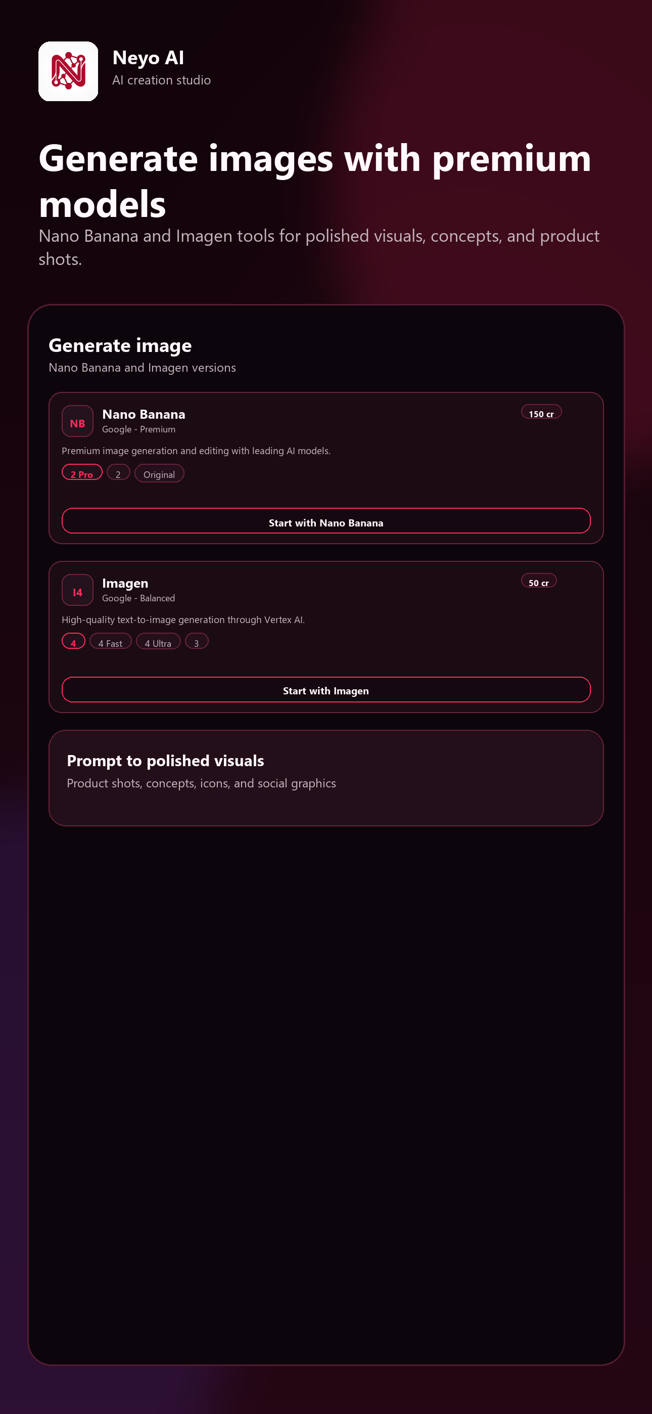 Neyo AI image generation models including Nano Banana and Imagen