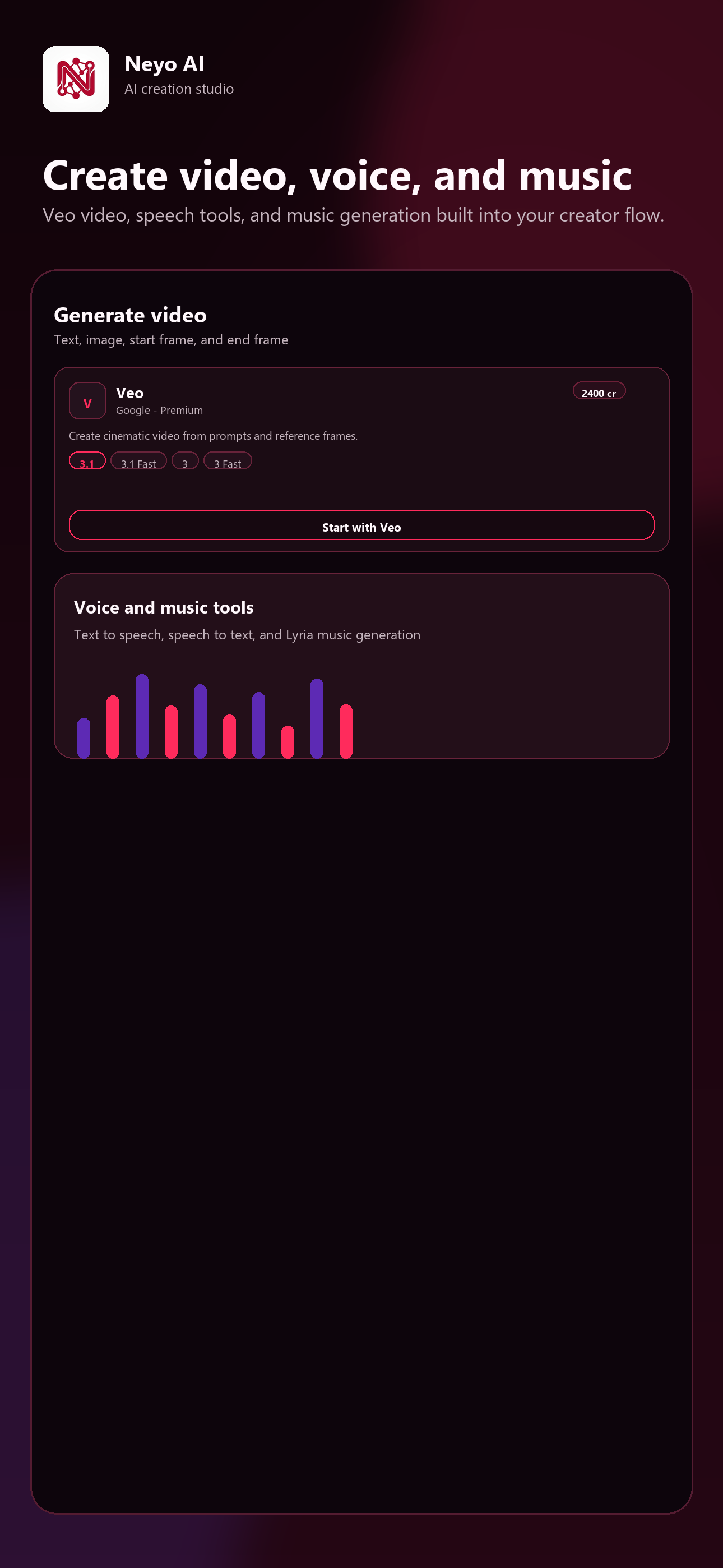Neyo AI video, voice, and music generation screen