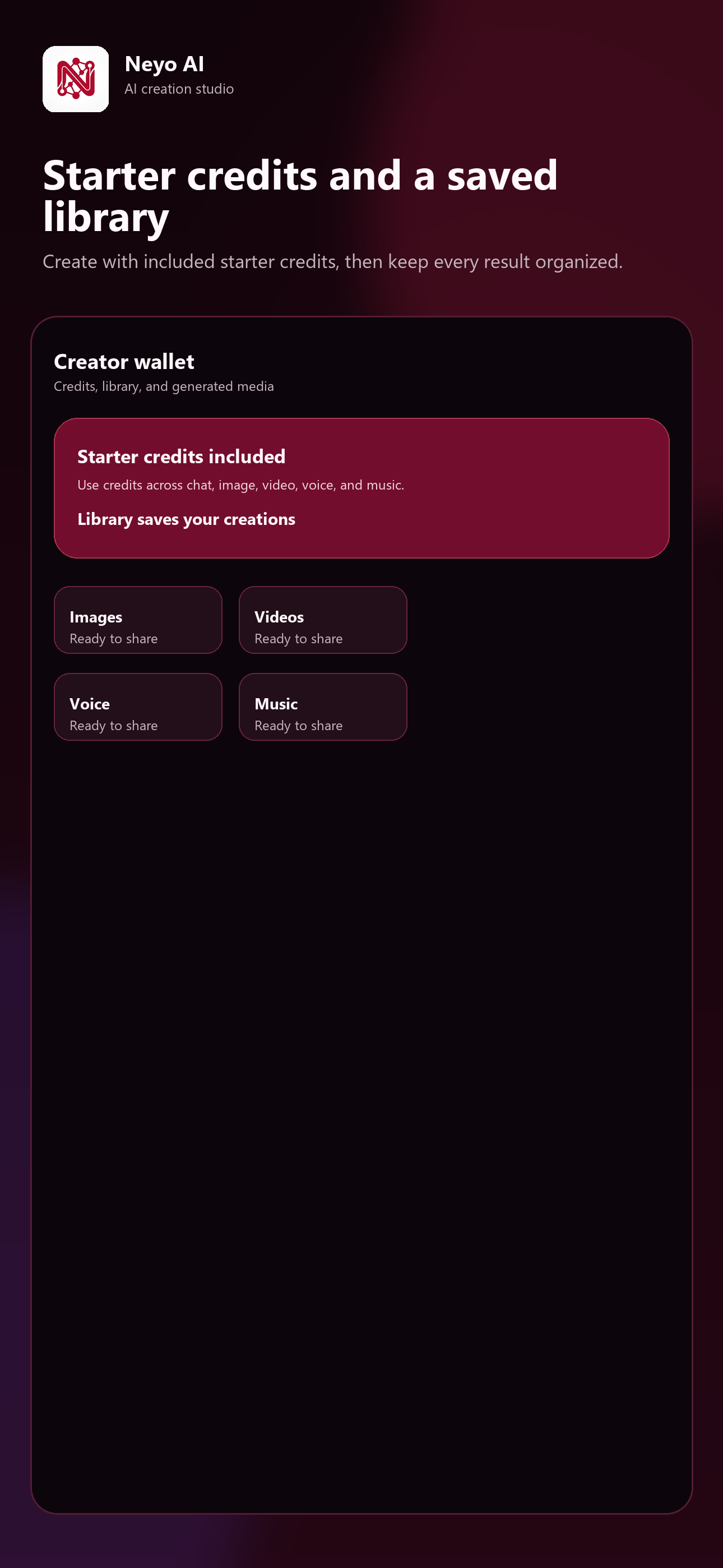 Neyo AI wallet and library screen with starter credits and saved creation categories